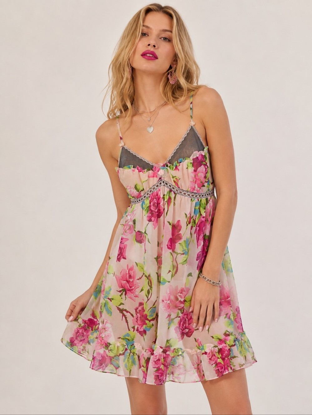 Y2K Vintage Betsey Johnson Pink Floral Babydoll Ruffle Sheer Slip Dress Size M